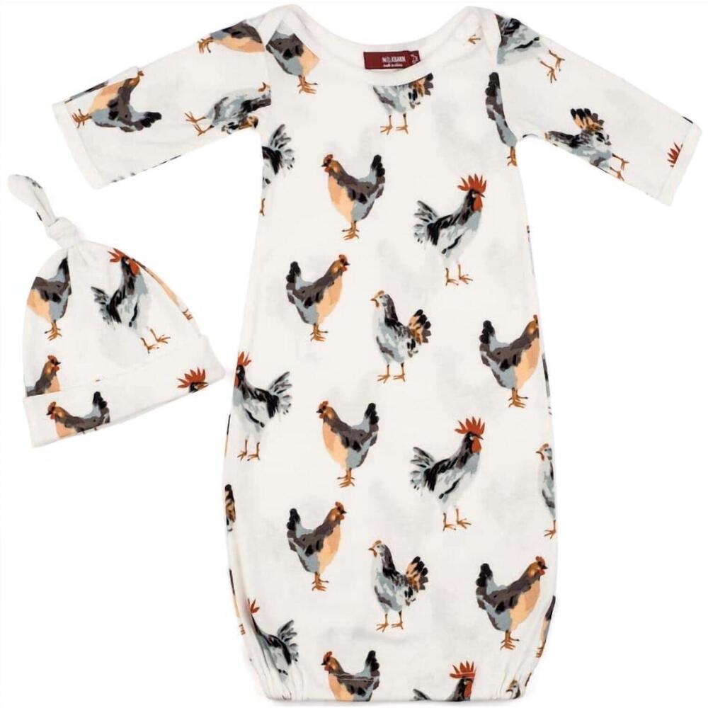 NEW MILKBARN newborn's chicken organic cotton gown & hat set in white multi